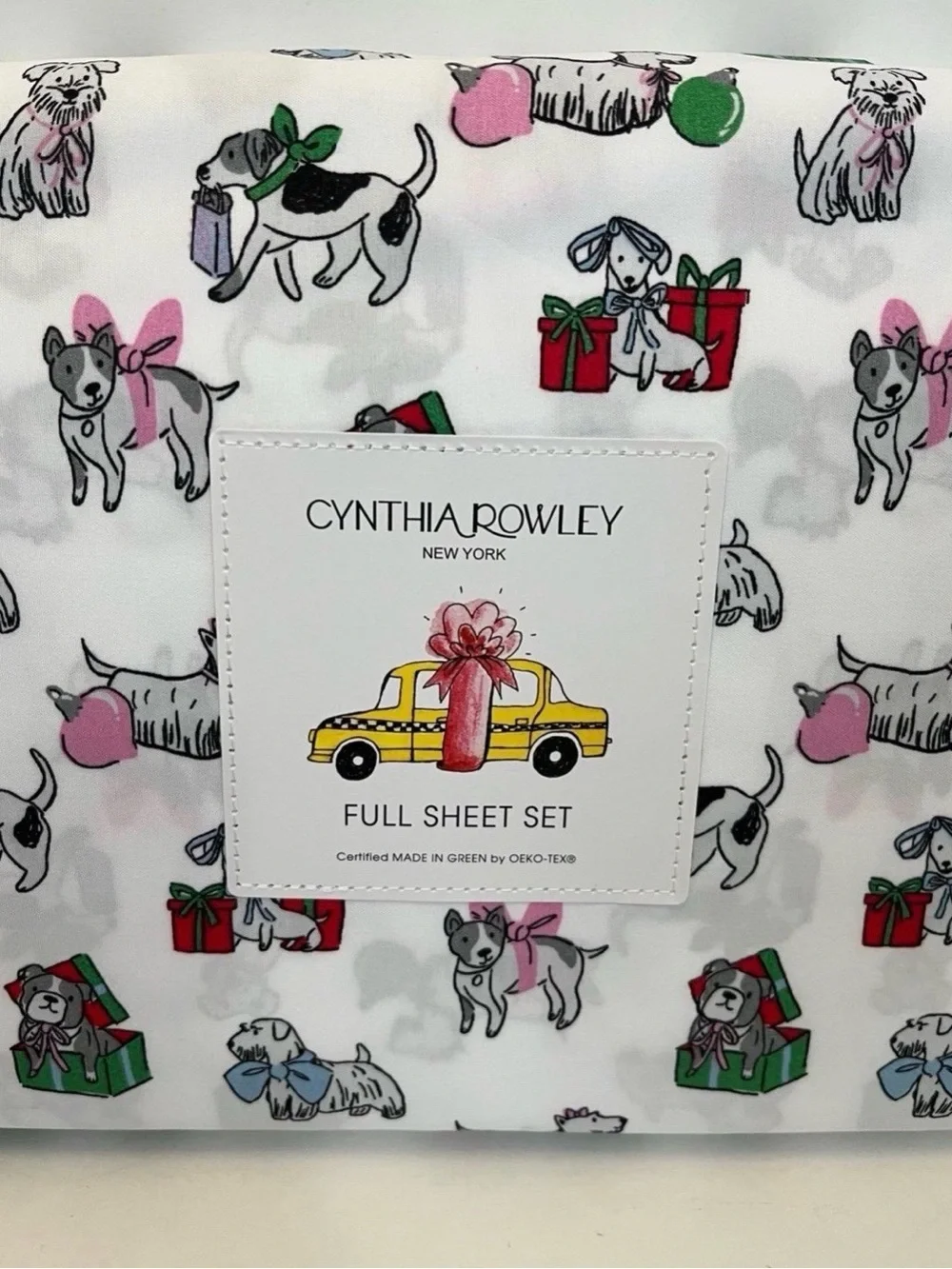 Cynthia Rowley Puppy Cheer Full Size Sheet Set Presents Bows Ornaments Gifts